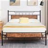 VECELO Letto retrò 140 x 200 cm in metallo con rete a doghe, struttura letto matrimoniale con testa in legno spessa, colore marrone