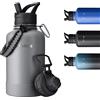 Exllena, Borraccia in acciaio inossidabile da 2 litri, a doppio isolamento, con due tappi e protezione in silicone, manico in paracord, pratica da trasportare, colore grigio