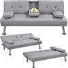 Yaheetech Divano Letto con 2 Braccioli Staccabili Divano Trasformabile Mobile Imbottito a 3 Posti Divanetto Reclinabile da Salotto con Supporto Centrale Porta Bicchieri Grigio Chiaro/Tessuto