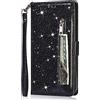 YKTO Cover per Samsung Galaxy A41 Custodia a Libro Bling Glitter Pelle PU Portafoglio con Tasca Zip Slot per Carte Supporto Chiusura Magnetica Protezione Zipper Wallet Case per Samsung Galaxy A41,Nero