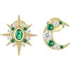 Zayka Jewelry Orecchini stella luna piccoli a bottone particolari asimmetrici diversi tra loro in argento 925 placcati oro giallo 18K carati con pietre verdi
