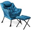 COSTWAY Poltrona Relax, Poltrona da Lettura con Cuscino per Testa, Elegante con Schienale e Seduta Imbottiti, Braccioli e Tasca di Stoccaggio, per Soggiorno, Portata 150 kg (Con Pouf, Blu)