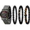 TIME100 Set Regalo con Orologio e Braccialetti da Uomo Eleganti， Movimento al Quarzo, Resistente all'Acqua 3 ATM, Design Moderno con Braccialetti Impilabili in Perline ， Idea Regalo Uomo（Nero）