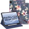 FINTIE Custodia Compatibile con iPad Pro 12.9 6a/5a/4a/3a Generazione 2022/2021/2020/2018 con Pencil Holder, Multi-angli Slim Cover Case con Pocket e Auto Svegliati/Sonno, Blooming Hibiscus