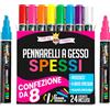 Chalky Crown - Pennarello Lavagna Cancellabili con Punta Grossa - Pennarelli a Craie Liquida per Lavagne - Colori Intensi, Punta Reversibile 6 mm (8 Pezzi) - 24 Etichette per Lavagna Incluse