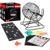 Kyto Gioco Bingo tamburo metallico 18 biglietti bingo 75 palline bingo 150 fiche tabellone + 500 carte bingo nere adulti bambini