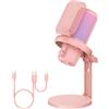 FEELWORLD VM1 Rosa Gaming PC USB Microfono a condensatore con cancellazione del rumore Mute RGB Light, Accessori per computer per Gamer YouTube Twitch Podcast Streaming Registrazione Online Chat