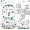 Heboland Piatti Baby Shower Maschio Blu per 25 Ospiti, 100 Pezzi Stoviglie Il Mio Battesimo Piatti di Carta Tazza Battesimo Bimbo per Neonati Baby Shower Decorazioni Boy