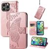 JIUNINE Cover per Apple iPhone 14 Pro Max, Custodia Interno TPU Antiurto Portafoglio con Disegni di Farfalla [Carta Fessura] [Supporto Stand] Cover Libro in PU Pelle, Oro rosa