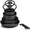 Moneta Etnea Minispace Batteria 7 Pezzi, Composta da 1 Manico Amovibile, Padella 24 e 28 cm, Casseruola 16 e 20 cm, Coperchio Vetro Bordo Silicone 16 e 20 cm, Alluminio