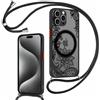 Kueqeay Cover Magnetica con Cordino per iPhone 15 Pro Max 6,7, Traslucida Nero Opaca Aesthetic Fiore Disegni Silicone Custodia con MagSafe Laccio Tracolla AntiGraffio PC Back Protettiva Case, 02