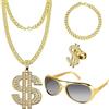 Giugio 4 Pezzi Accessori per Rapper, Collana Dollaro Anello Simbolo Occhiali da Sole Oro Set, Set di Costumi Hip Hop Anni '80/'90, Catena D'oro, Occhiali da Sole, Anello D'oro, Costume Cosplay Carnevale