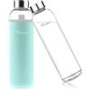 Ryaco Bottiglia d'Acqua, 550ml/1L Bottiglia Vetro Trasparente Portatile con Guaina Protettiva in Neoprene per Il Campeggio Viaggi tè Ufficio (1000ml, Menta Verde)