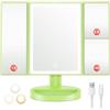 Auxmir Specchio Trucco Ricaricabile con Luci 68 LED, Specchio Ingranditore 1X/5X/10X, Specchio da Tavolo Triplo, 3 Colori di Luce Regolabile 180° Girevole Ideale per Trucco, Rasatura, Verde