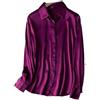 Yihuaqun Camicie da donna in seta Mulbery OL Silk Elastin Crepe Satin semplice a maniche lunghe colletto quadrato camicia primavera e autunno, Viola rosso., M