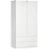 HOMCOM Armadio Guardaroba Moderno in Truciolato Bianco con Appendiabiti e 2 Cassetti Scorrevoli per Camere da Letto, 100x60x200 cm|Aosom