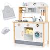 FANTASK Cucina per bambini in legno, cucina giochi con 17 accessori, cucina giocattolo con forno a microonde, lavatrice, lavabo, fornelli e pentole, cucina in legno per bambini dai 3 anni in su