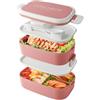 Beeptrum Bento Lunch Box Impilabile,Contenitori da 1400 ml con 4 scomparti e posate, scatole a 2 strati a prova di perdite, per adulti, bambini, ufficio, lavabili in lavastoviglie e microonde (Rosa)