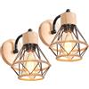 TOKIUS Lampada da Parete Interna Industriale Applique da parete Gabbia Interno E27 Metallo Lampadari e Plafoniere Cucina regolabile 180° Per Cucina Camera da letto (Nero-A-Legno+Corda di canapa, 2 pezzi)