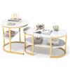 Luminarix Set di 2 tavolini da caffè, rotondi e ovali, con vano portaoggetti, effetto marmo, telaio in metallo, tavolo da salotto, tavolino da caffè, bianco e oro
