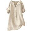 Generic Camicie estive di lino per le donne colletto alla coreana manica 3/4 garza increspata 2024 top button down casual club dress cotone oversize solido primavera trendy plus size signore, Beige, M