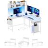 KIMENICH Scrivania Angolare per Computer a Forma di L, Tavolo da Gioco con 2 LED e Presa, Libreria e Supporto per Monitor, Scrivania Reversibile, Tavolo da Ufficio, Cassetti, 2 Ganci, Casa, Ufficio, Bianco
