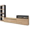 Skraut Home | Mobile Soggiorno TV | Parete Attrezzata Soggiorno | 310x186x35cm | Per TV fino a 65 | Camino elettrico | Stile moderno | Rovere e nero