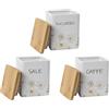 MECSAL CASALINGHI Set 3 Barattoli Decorati Contenitori, Tris Sale Zucchero Caffè, in Ceramica Tondi, con Tappo in Legno, Stile Shabby (1, Quadrato Daisy)
