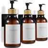 MaisoNovo Dispenser Per Shampoo E Balsamo, Dispenser Per Sapone Da Doccia Con Montaggio A Parete, Set Di 3 Flaconi In Plastica Color Ambra Da 500 ml Con Pompa In Bambù Nero, 3 Scomparti Senza Foratura