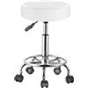 BAKAJI Sgabello con ruote Rotondo Ecopelle Bianco Altezza Regolabile Base Acciaio Zinc