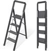 KINGRACK Scaletta 4 Gradini Pieghevole in Alluminio, Leggera con Corrimano, Blocco di Sicurezza, Pedali Antiscivolo, Scala per Cucina Garage Casa, Salvaspazio, Robusta e Portatile, Massima 150kg, Nero