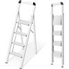KINGRACK Scaletta 4 Gradini Pieghevole in Alluminio Leggera con Corrimano, Blocco di Sicurezza, Pedali Antiscivolo, Scala per Cucina Garage Casa, Salvaspazio Robusta e Portatile Massima 150kg, Argento