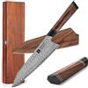 XINZUO 21.5cm Coltello da Chef Acciaio Damasco, Coltello da Cucina Kiritsuke Forgiato a Mano Coltello Gyuto-Manico in Desert Ironwood-Con Fodero in Legno e Scatola in Legno di Acacia