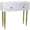 DRW Tavolo Consolle Ingresso in Legno con Due cassetti Oro 90x30x80 cm, Bianco e Dorato