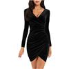 BOTCAM Abito in raso da donna, abito da ballo, corto, nero, elegante, per matrimoni, donne, vintage, scollo a V, a maniche lunghe, slim fit, in raso, abito da sera corto di Capodanno, abito
