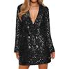 Minetom Blazer da Donna Blazer Abito in Paillettes Mini Abiti Brillante Giacca Scollo A V Manica Lunga Slim Sexy Cardigan Aperto Feste Party Club Wear A Nero XL