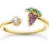 Thomas Sabo anello da donna aperto con motivo a uva in argento sterling 925 placcatura oro giallo 750 zirconi verdi, viola e bianchi, misura: 54, TR2354-971-7-54