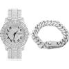 HALUKAKAH Uomo Orologio Moissanite - ROYALE - con Catena Cuban Link 20cm | Diamanti Iced Out, Numeri Romani Cinturino in Quarzo Placcato in Platino Oro Bianco Lungo 21,5cm, con Pacco Regalo
