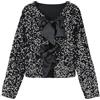 Generic Giubbotto bolero da donna con paillette, bolero con brillantini, con fiocchi sul davanti, aperto, a maniche lunghe, con paillettes, Y2k, per cocktail, feste, bolero per abito da sera, Nero , M