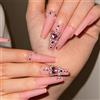 RUNRAYAY Rosa Premere sulle Unghie Lunghe con Gemme di Perle e Unghie, Punte per Unghie Colla per Unghie Unghie Finte per Donne Acrilico Copertura Completa Unghie da bara 24 Pezzi Kit per Nail Art