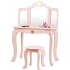 FANTASK Tavolo da toeletta per bambini in legno, con sgabello, colore rosa, tavolo per bambini con cassetto e specchio rimovibile