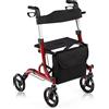 COSTWAY Deambulatore con Seduta 2 in 1, Rollator Pieghevole, Deambulatore per Anziani con 4 Ruote, Maniglie Regolabili Freni, con Doppia Funzione Schienale Reversibile e Borsa Portaoggetti (Rosso)