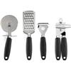 Russell Hobbs RH03233EU7 - Set di 4 utensili da cucina Venus Collection, Peeler, apriscatole, tagliapizza, grattugia, ganci, manici soft touch, facile da pulire, utensili da cucina, nero