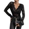 FEOYA Top in Pizzo da Donna Sexy Trasparente Camicetta Elegante Maglia Manica Lunga Floreale Pizzo Shirt con Scollo V Nero L