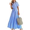 SOYNIA Vestito Abito Dress Donna Abito Chemisier Abito Lungo da Donna Abito Ampio A Maniche Corte A Righe Abito Lungo in Misto Cotone Monopetto A Righe L Blu.