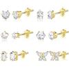 ASH'S CHOICE Set di orecchini d'oro per le signore, orecchini d'oro Piccolo 14k orecchini placcati in oro 925 Orecchini per le signore ragazze con farfalla fiore blu palla diamante palla triangolo orecchini