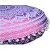 INDIAN CRAFT CASTLE Copri cuscino rotondo per pavimento con motivo mandala, seggiolino, pouf, copertura per ottomana, fodera per cuscino con pompon, decorativa, hippie, bohémien, indiana, 55,9 cm (Rosa Bianco)