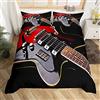 Loussiesd Set copripiumino per chitarra,motivo musicale,e ragazzi,con motivo strumentale musicale,colore rosso e nero,morbido copriletto in microfibra con chiusura lampo,per letto singolo,senza piumone