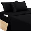 Utopia Bedding Set Lenzuola Matrimoniali 4 Pezzi 180x200 cm - Microfibra di Poliestere - Lenzuolo con Angoli con Tasche Portaoggetti, Lenzuolo Piatto e 2 Federe Ricamate, Nero