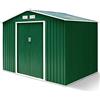 GYMAX Casetta Porta Attrezzi in Lamiera di Acciaio e Lamiera Zincata, Capanno da Giardino con Tettoia, Porte Scorrevole e Finestre, 213 x 127 x 185 cm (Verde)